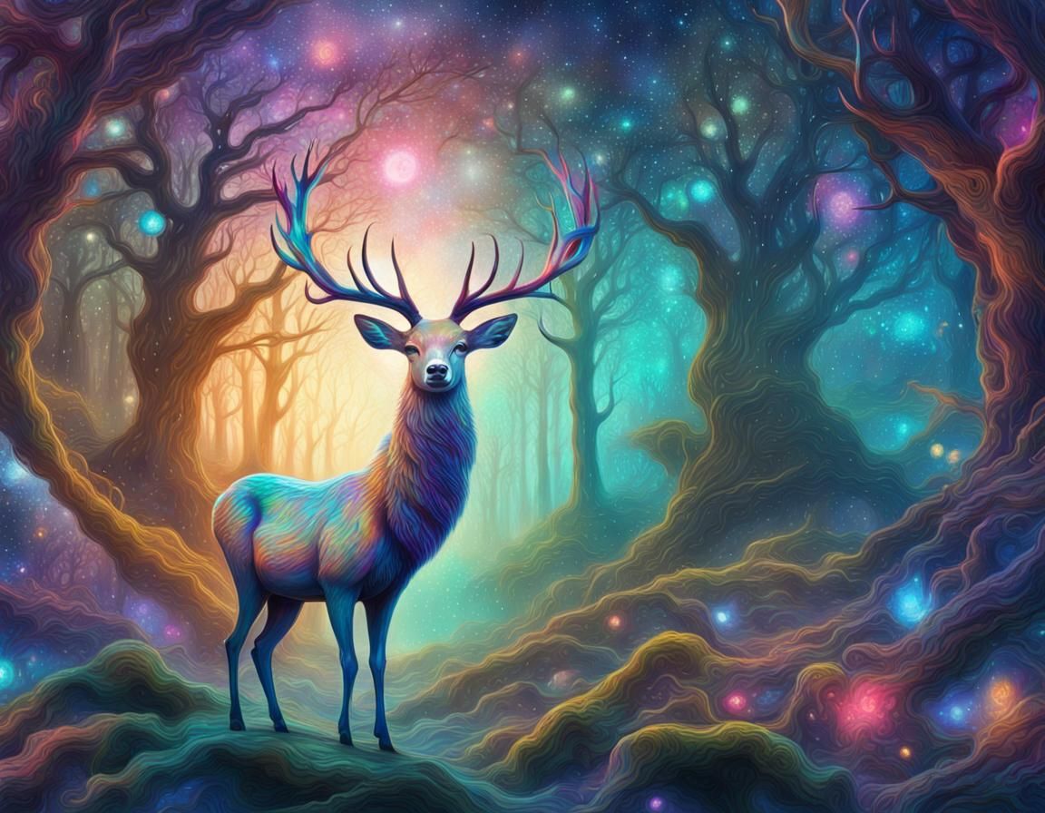 Reindeer in Enchanted Forest: Cosmic Illustration