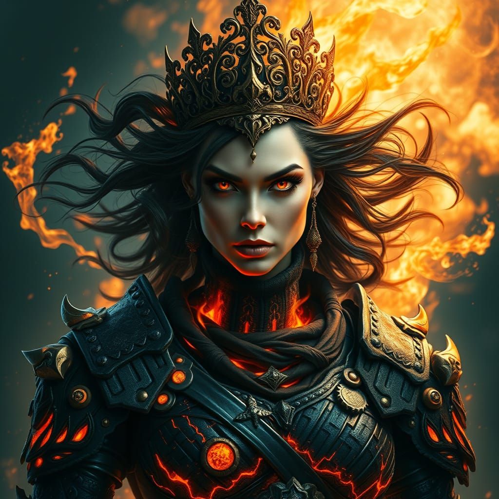 Gothic Female Warrior in Obsidian Armor with Ember Veins