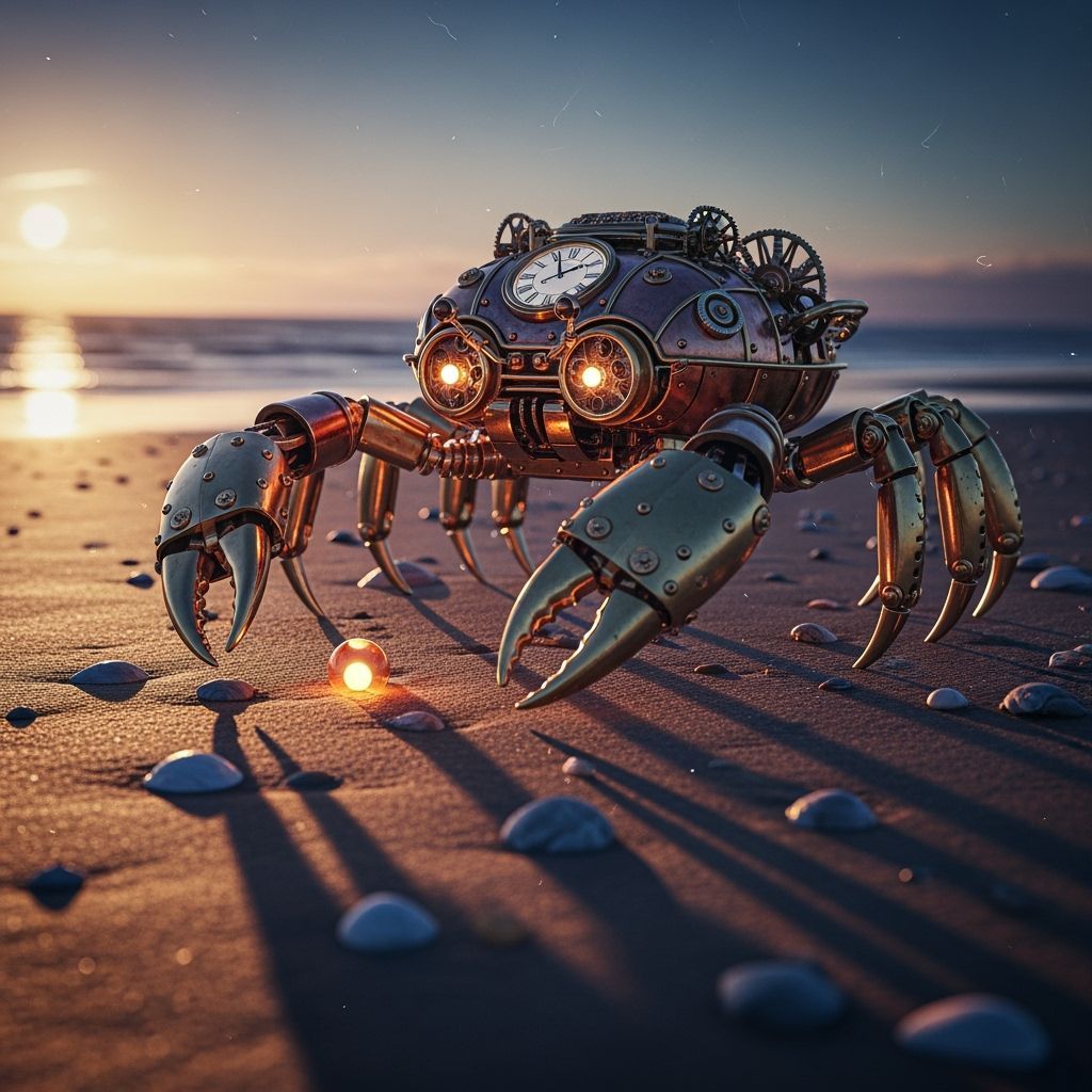 Steampunk Robot Crab on Sandy Beach