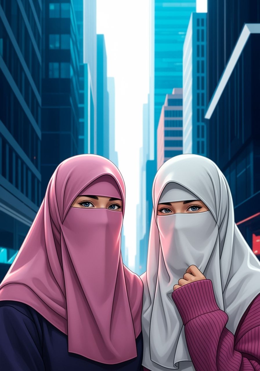 Irish Niqabi Women Friends in Modern City, Detailed Matte Pa...