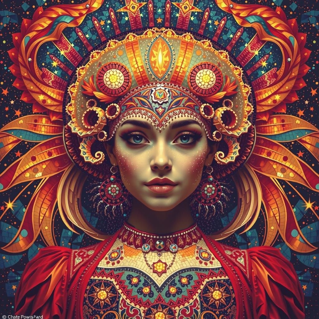 Iridescent Mosaic Woman Against Starry Night