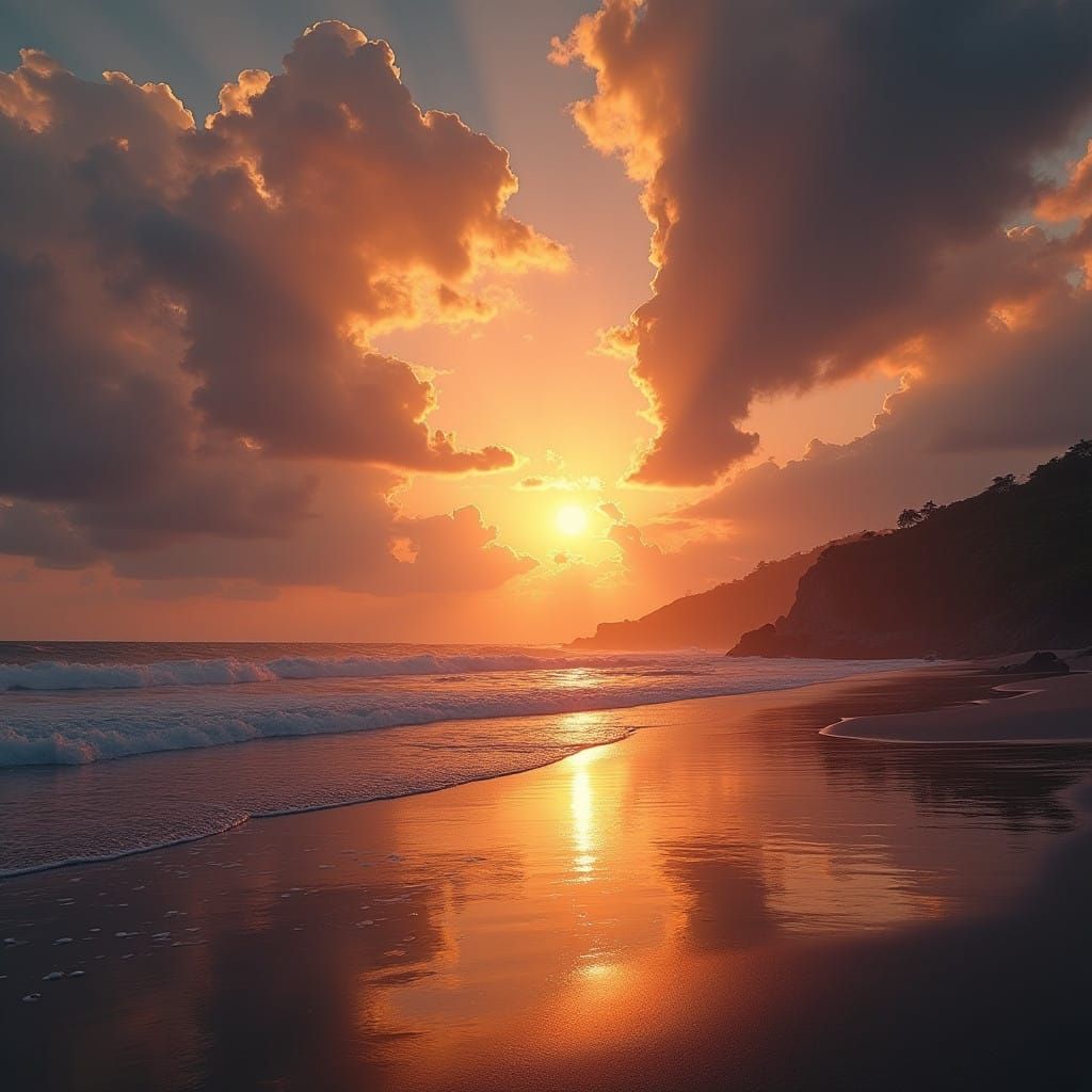 Epic Sunset Beach Scene in Maximalist Digital Art