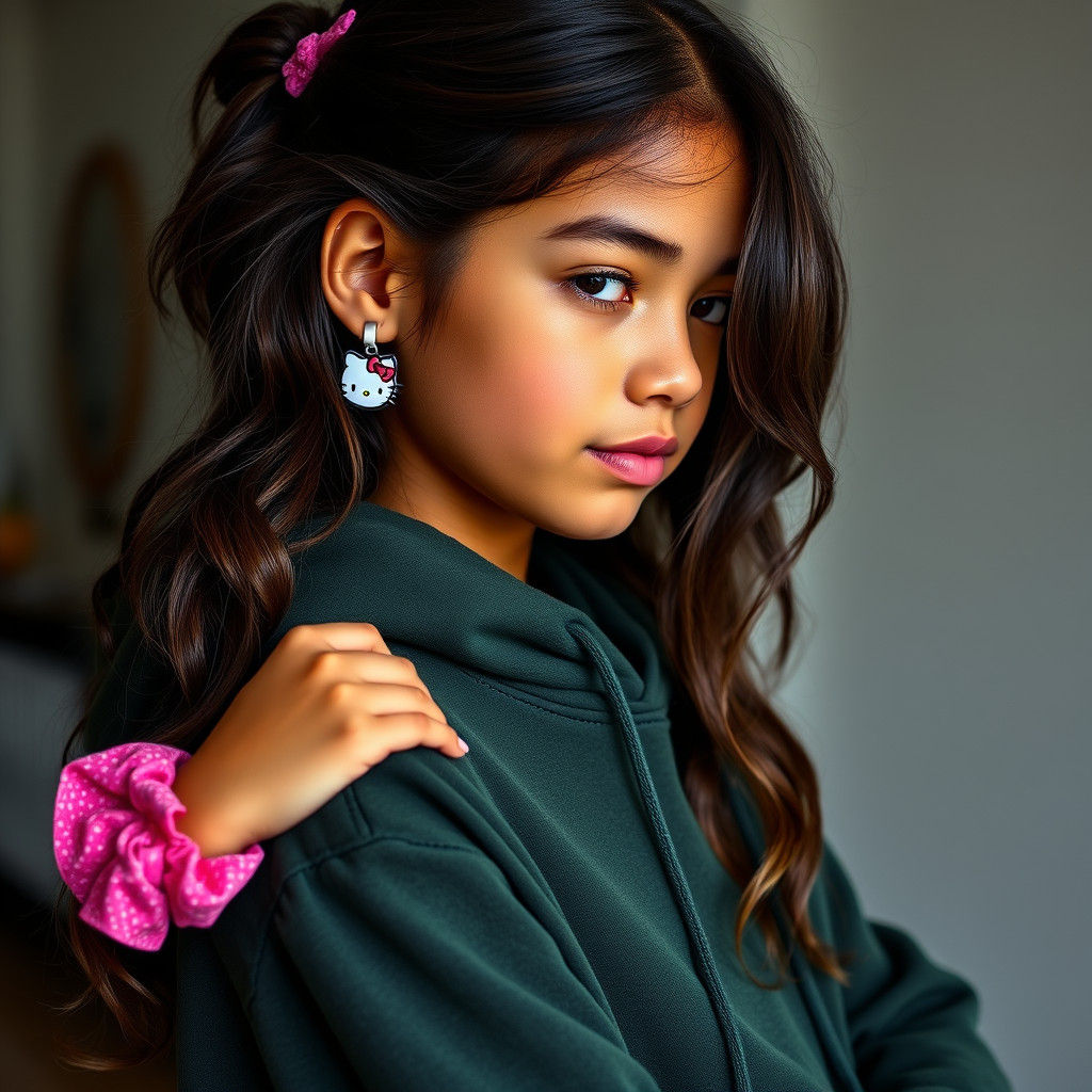 Teenage Girl with Hello Kitty Earrings in Realistic Style