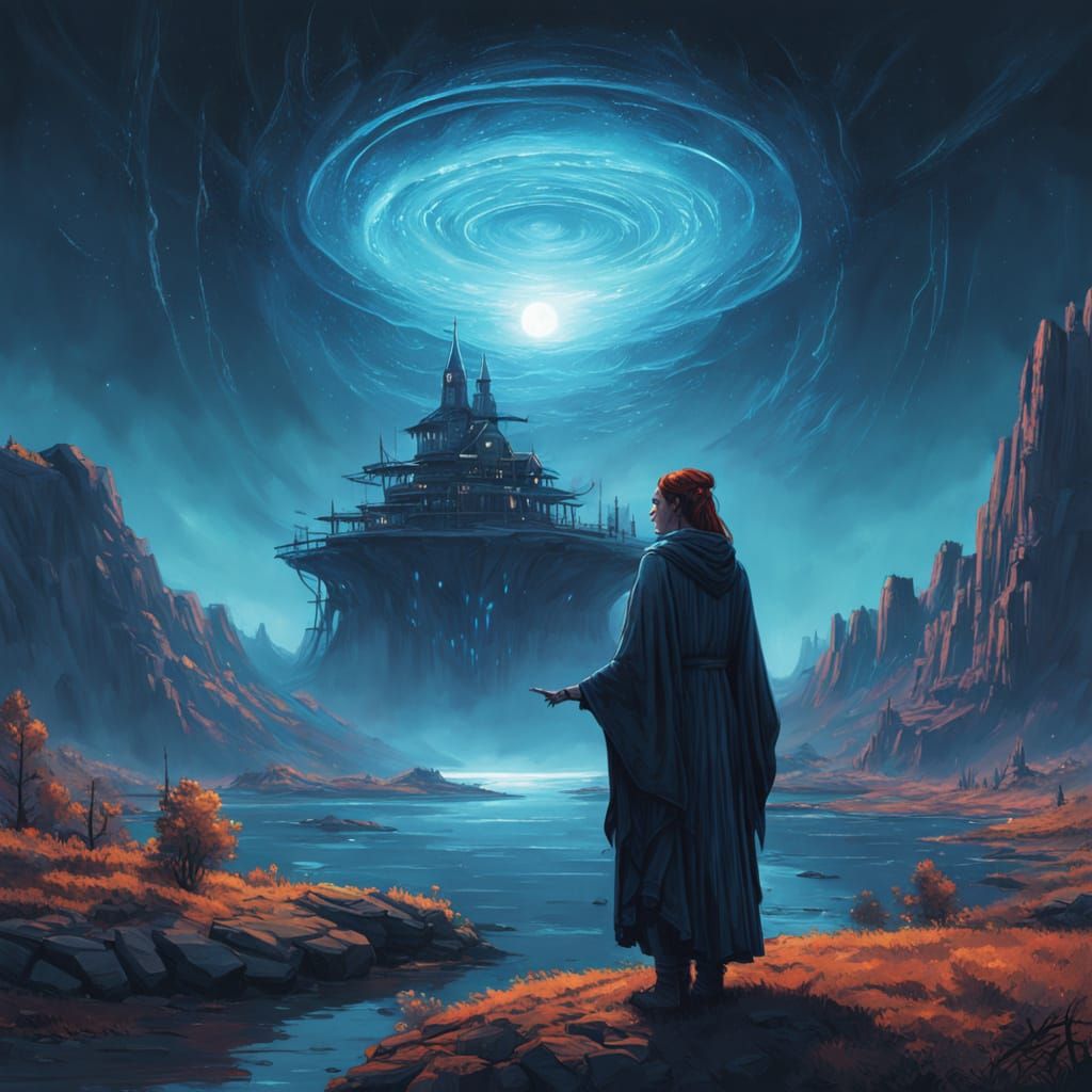 Sorceress Overlooking Nebula in Dark Fantasy Art