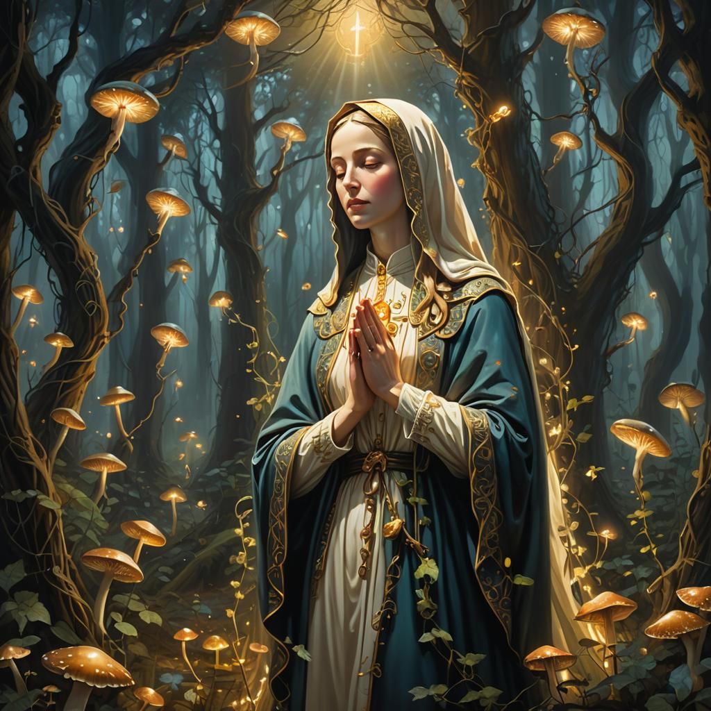 Holy Mary in Mystical Forest: Gothic Surrealism