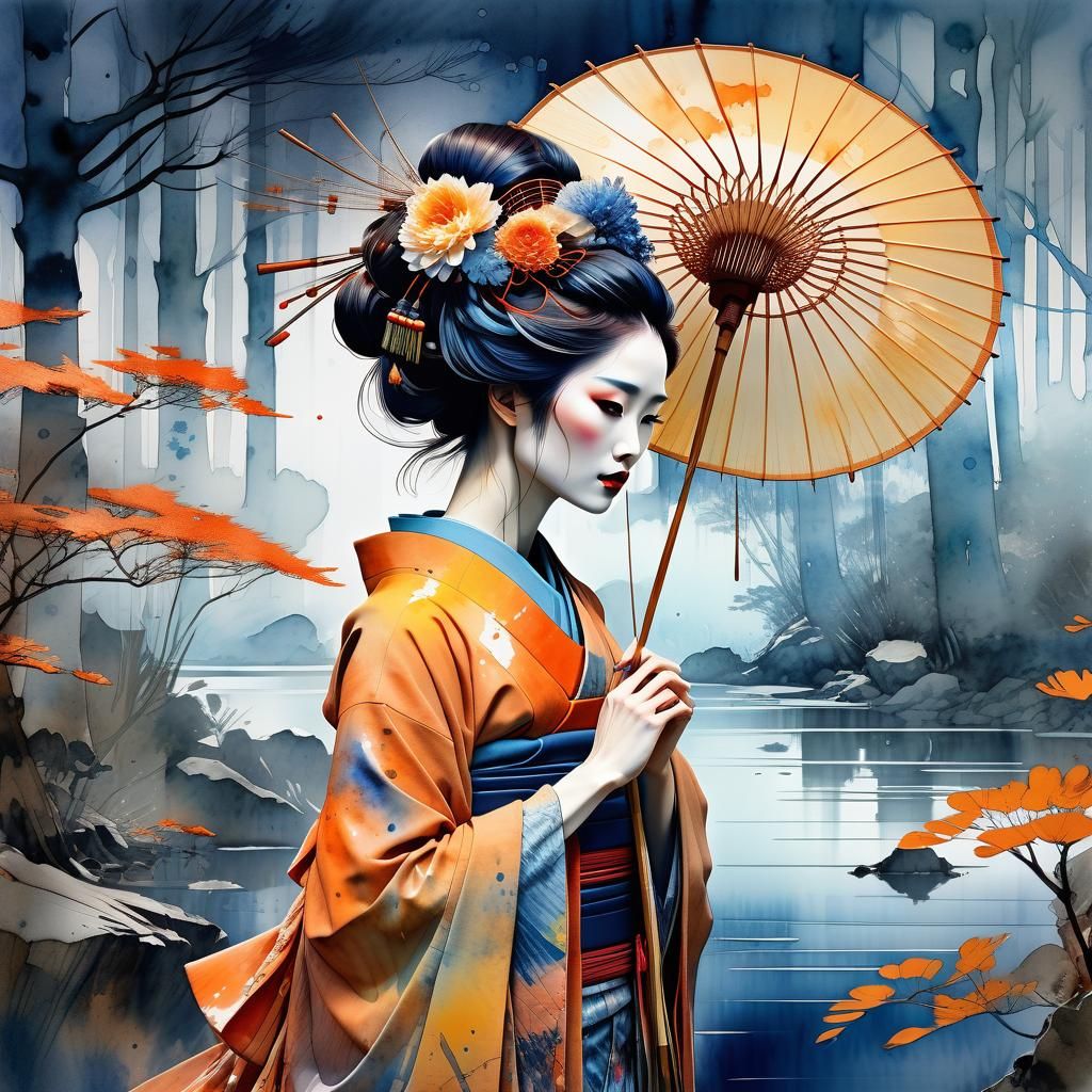 Geisha in Style of Birth of Venus: Watercolor Art