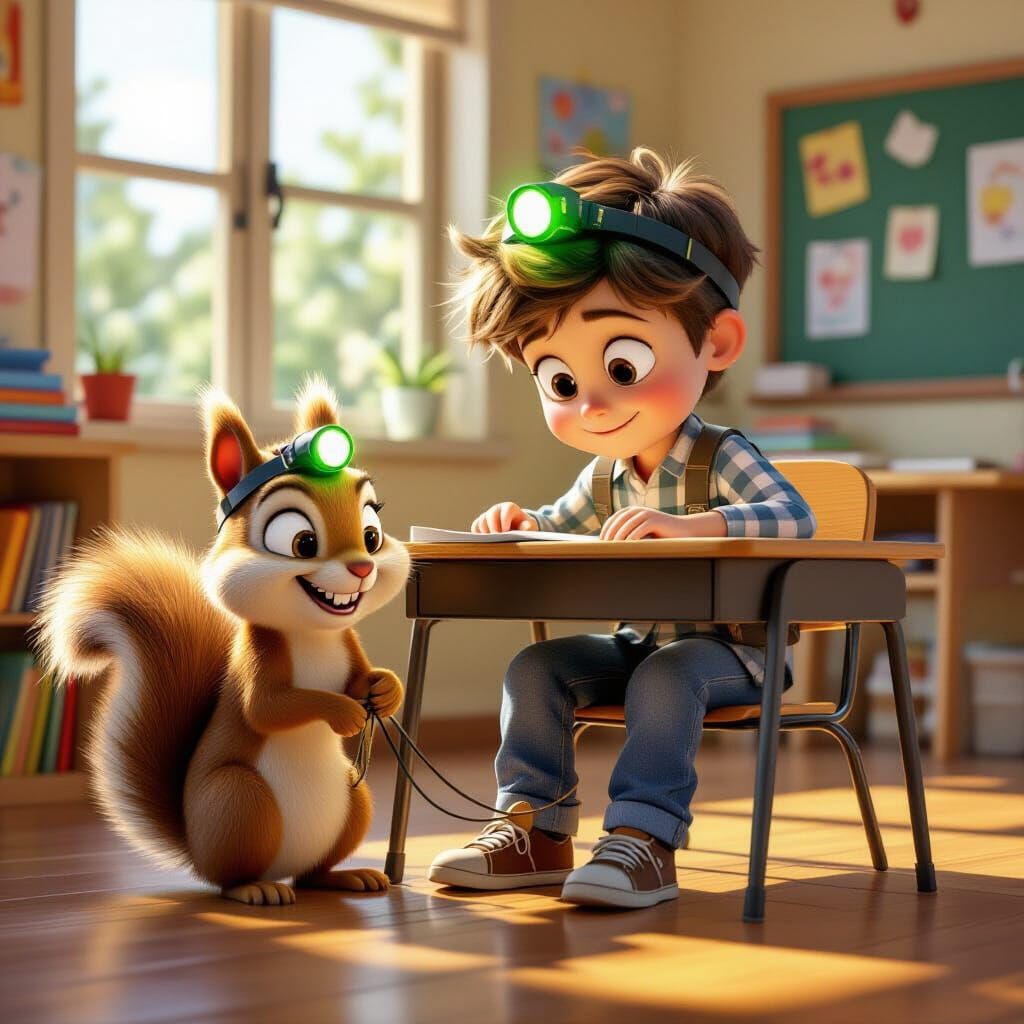 Boy, Squirrel, and Shoelaces: A Pixar-Style Classroom Scene