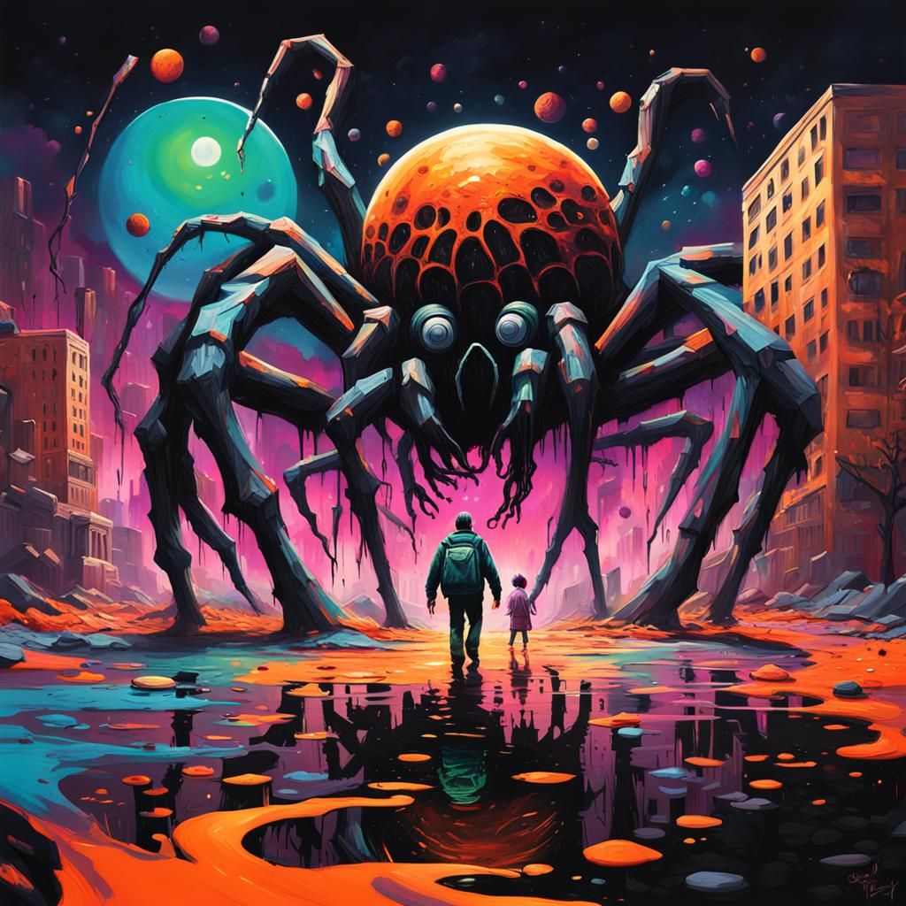 Dark Planet Walk with Spider Monster: Graffiti Art