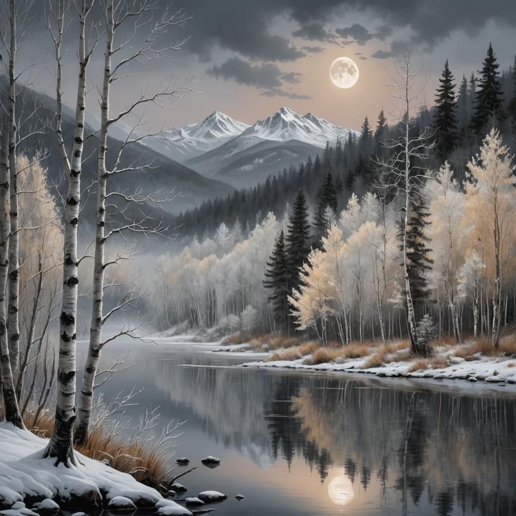 Frosty Winter Nightscape with Harvest Moon