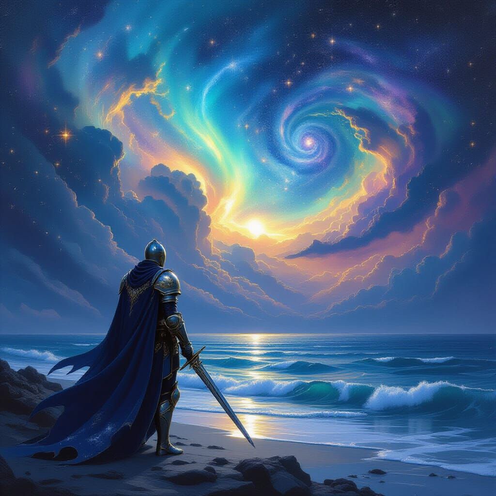 Knight Gazing at Celestial Ocean and Nebulae