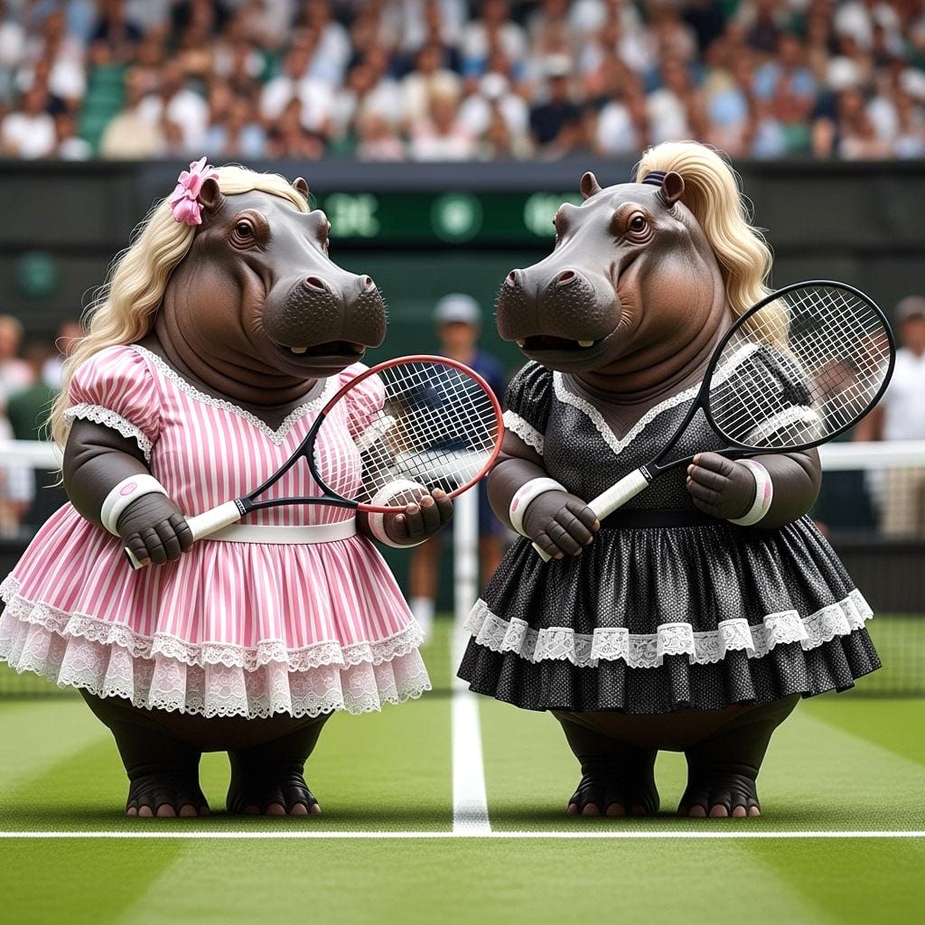 Hippos Play Tennis at Wimbledon in Frilly Dresses