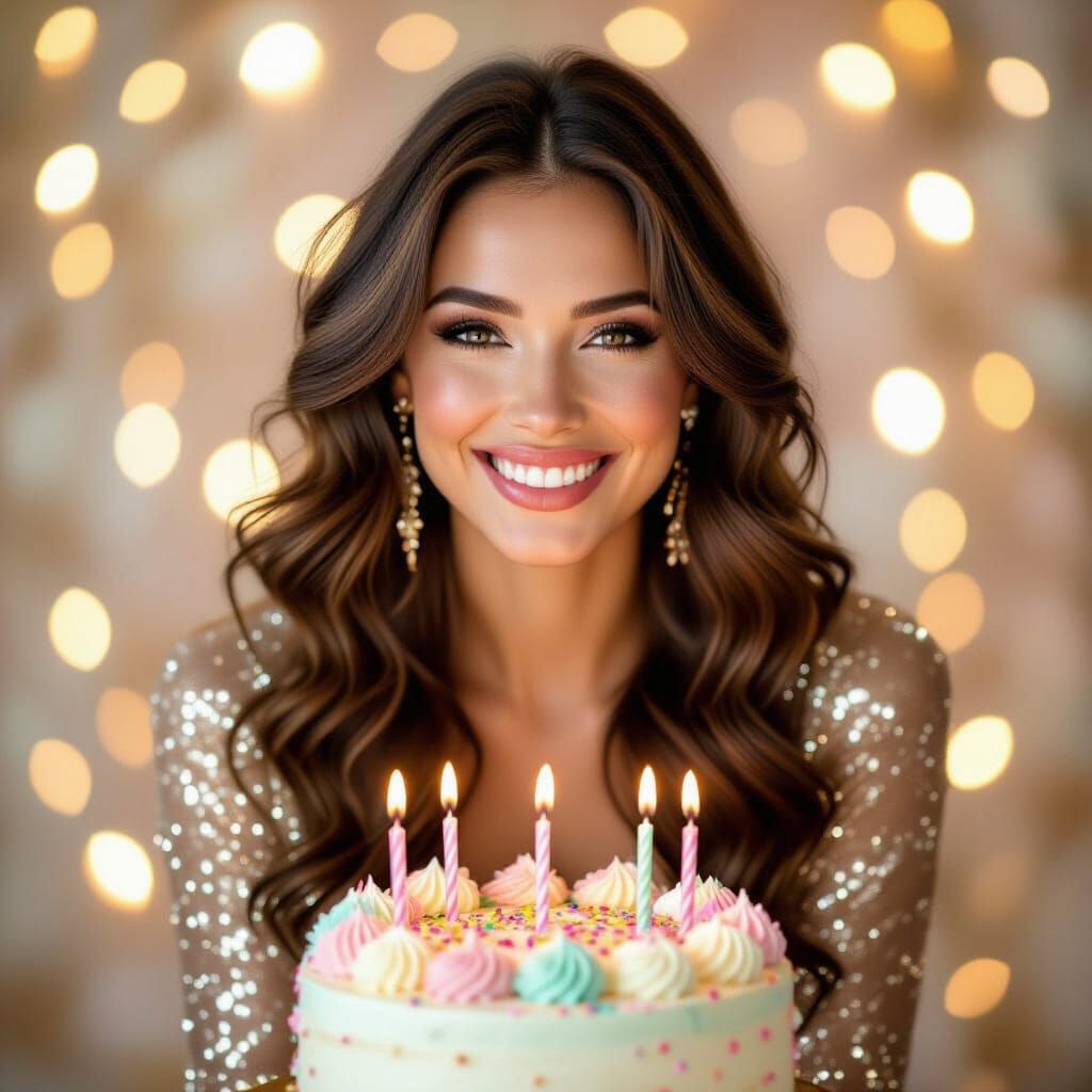 Radiant Woman Celebrates Birthday in Gold Sequin Dress