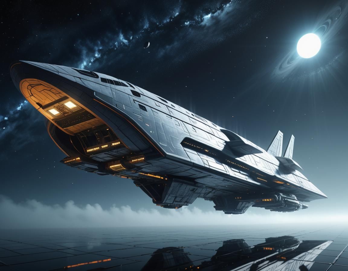 Aerodynamic Megaship in Space with Mystic Fog