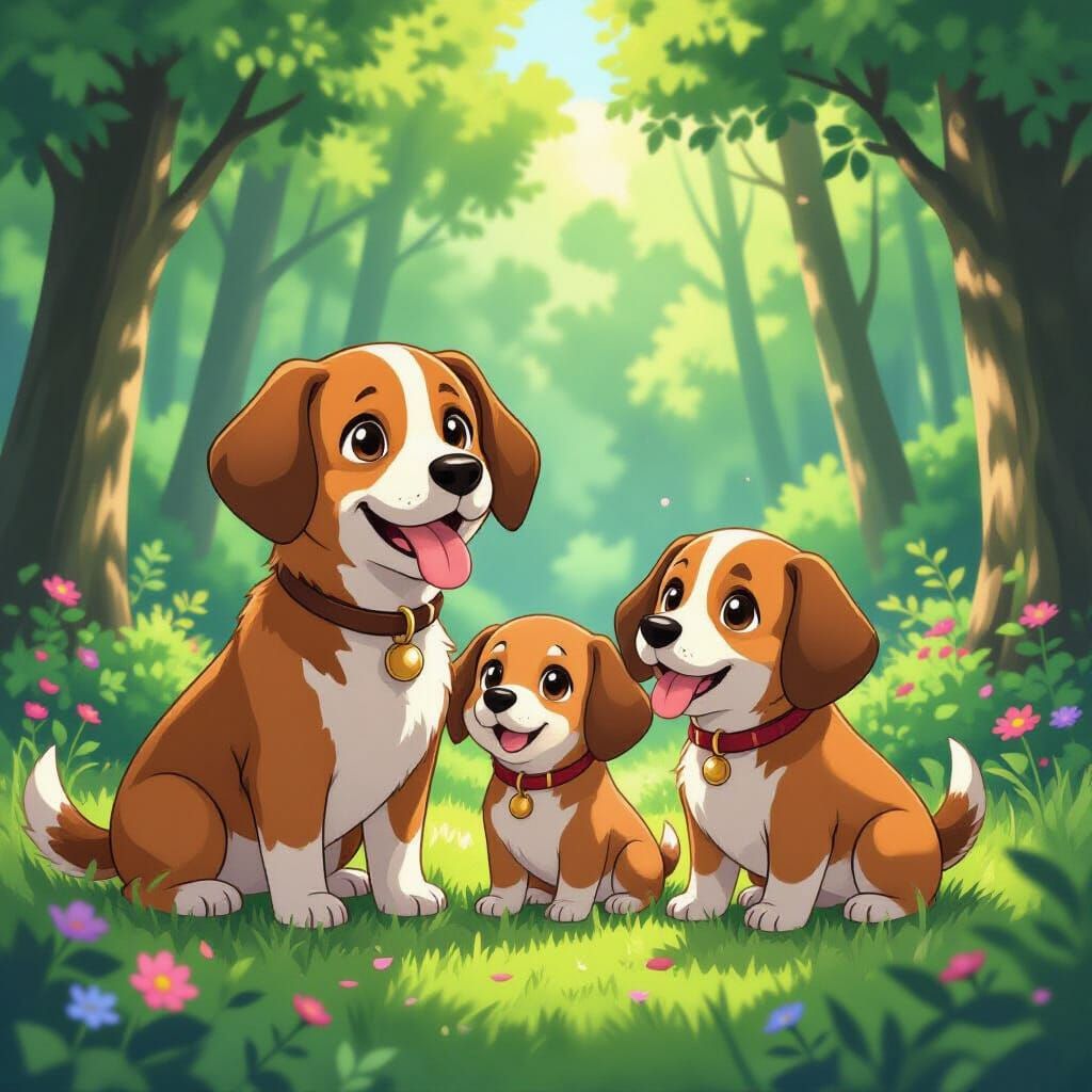 Cute Sausage Dog Family in Lush Forest, Anime Style