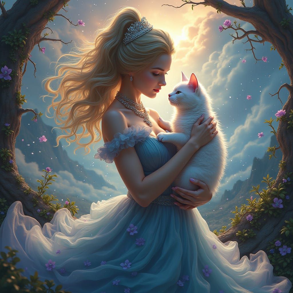 Ethereal Goddess with Majestic Feline Companion