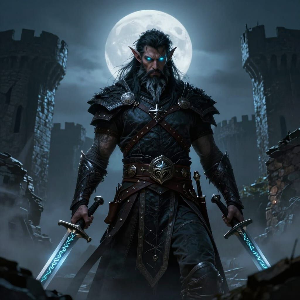 Half-Orc Ranger in Castle Ruins Under Pale Blue Moon