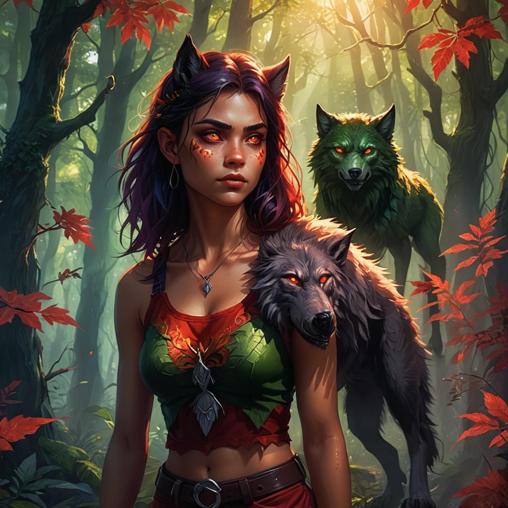 Teenage Werewolf Girl in Mystical Forest, Fantasy Art
