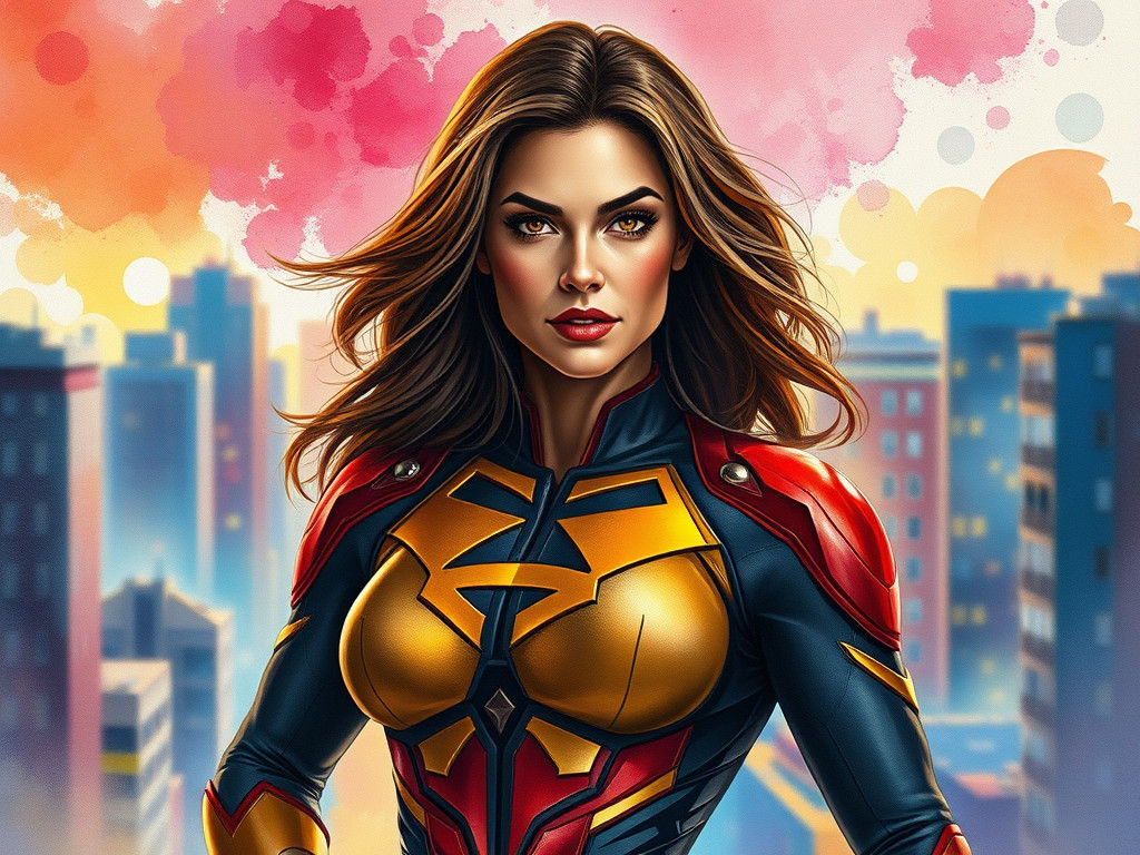 watercolor painting of a striking older female superhero standing confidently against a backdrop of a bustling city skyl...