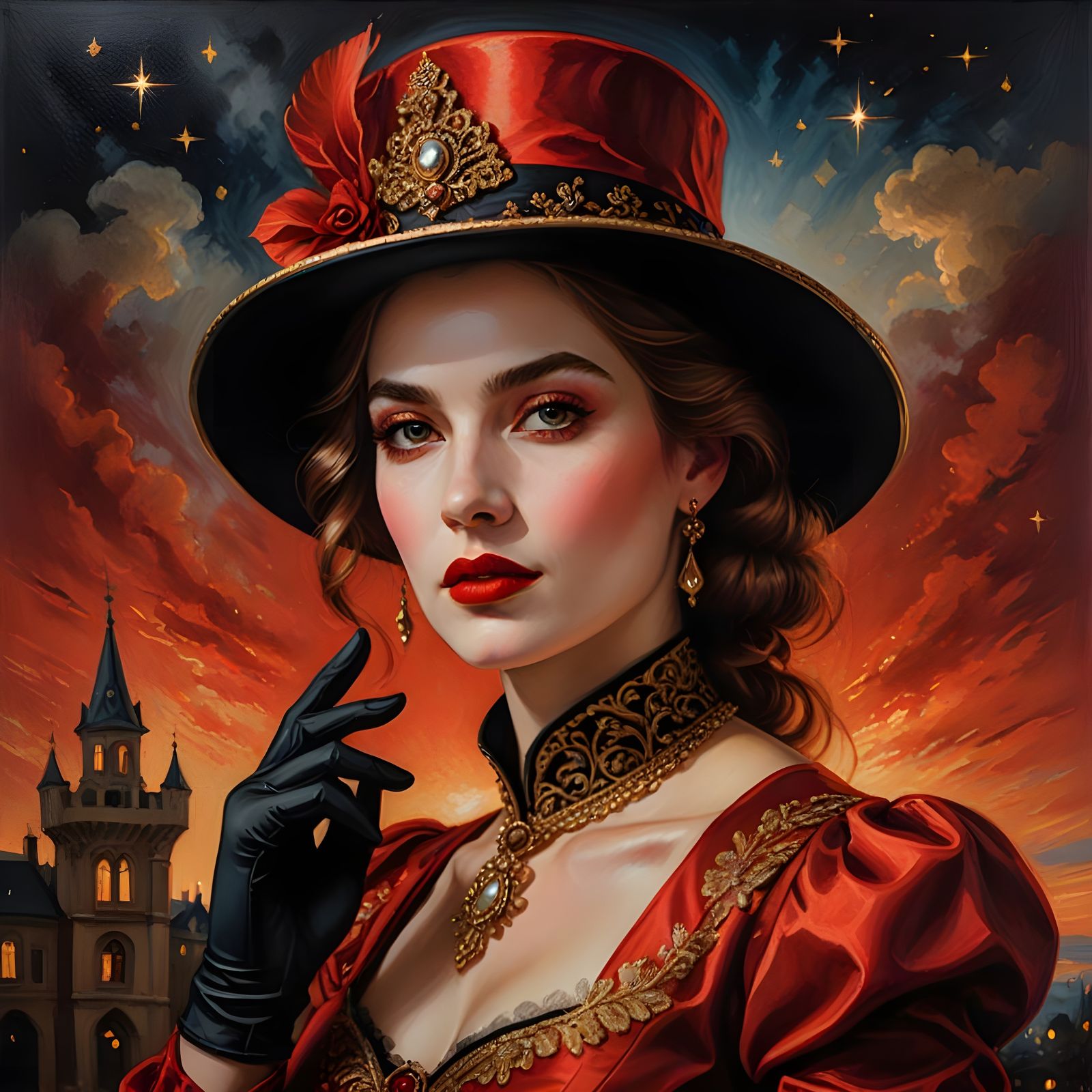 Elegant Woman in Red on a Starry Night