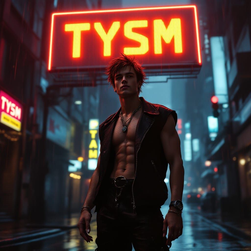 Cyberpunk Youth Embracing TYSM in Futuristic Cityscape