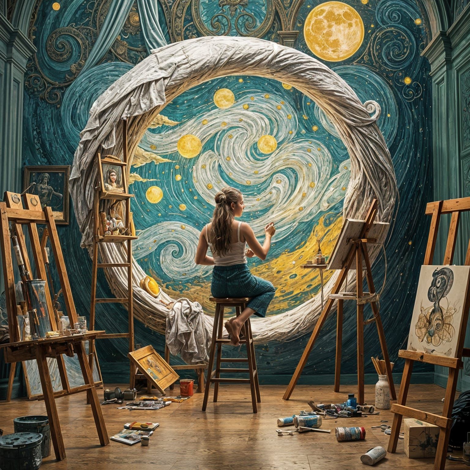Mystical Moonlit Art Gallery Scene in the Starry Sky