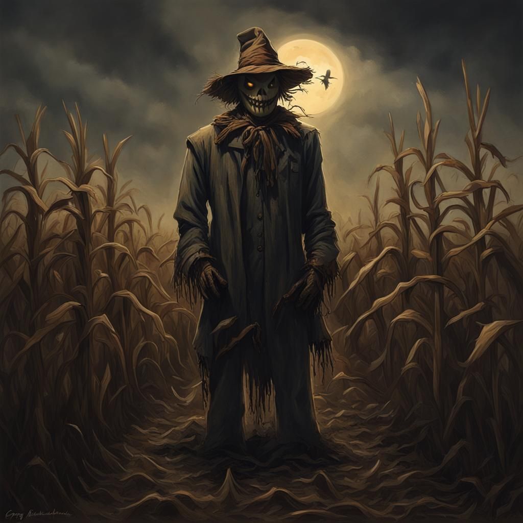 A haunted scarecrow standing ominously in a dark cornfield.