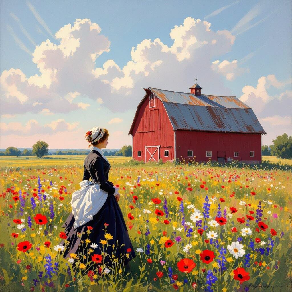 19th Century Barn & Wildflowers with Pink Clouds