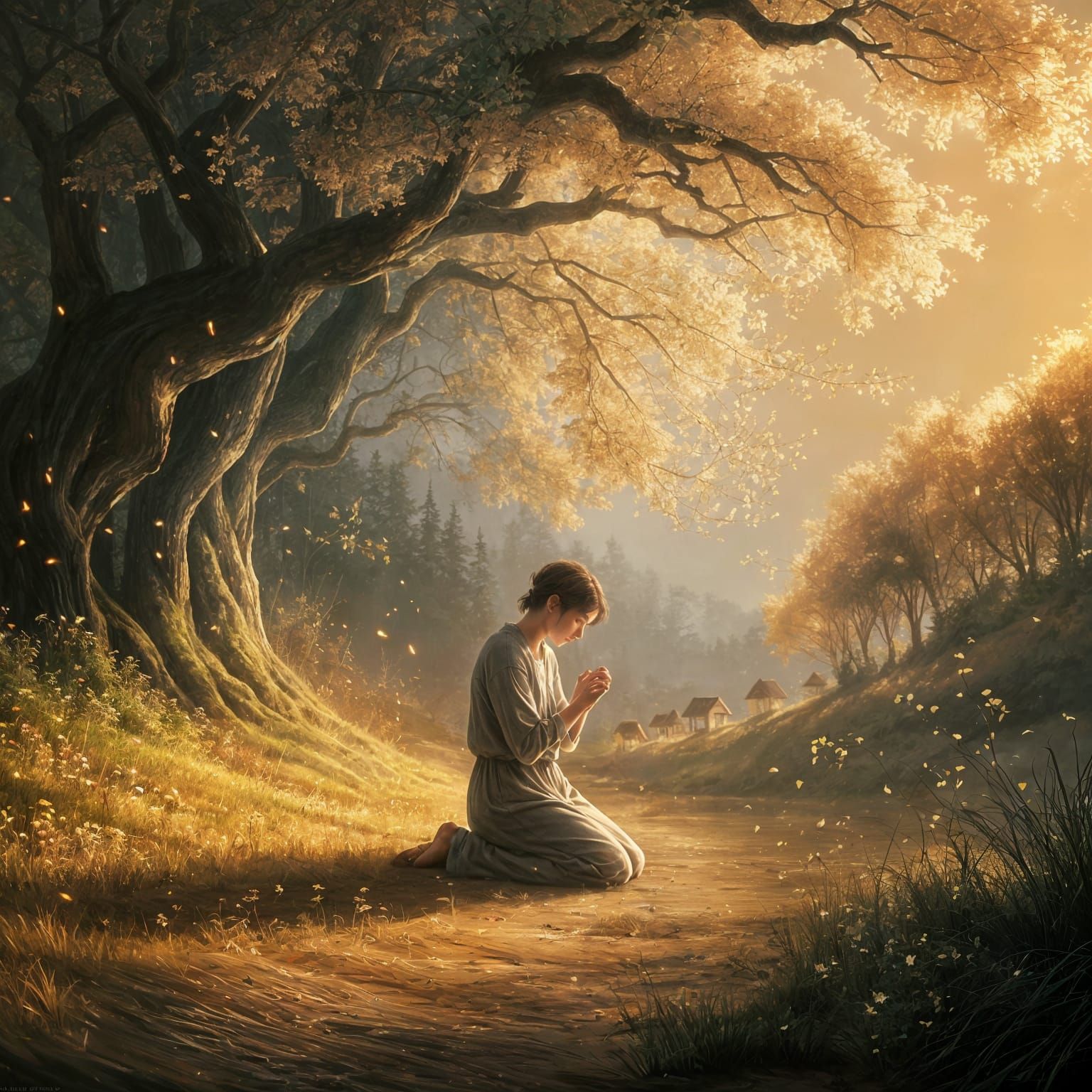 Contemplative Figure in Forest, Digital Painting