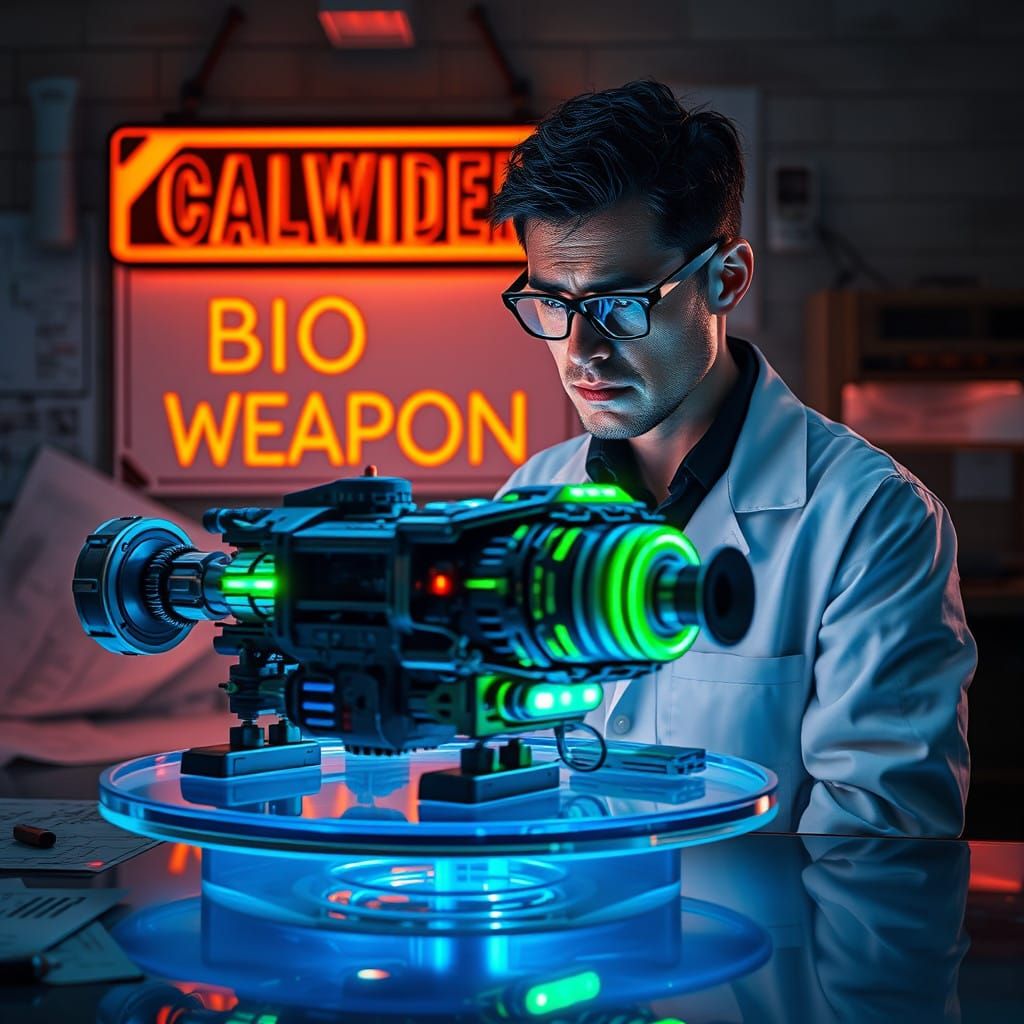 Cyberpunk Laboratory Bio-Weapon in Neon Green and Blue Light