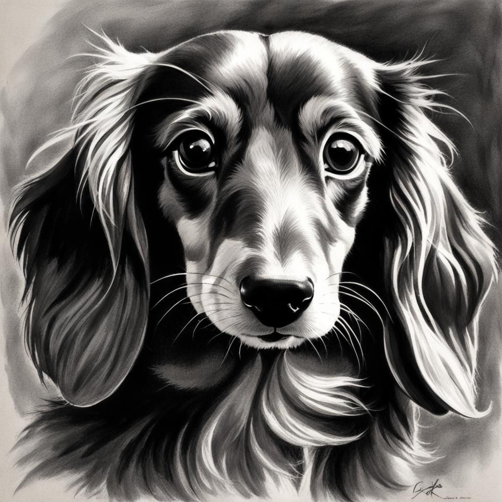 Charcoal Sketch of a Long-Haired Dachshund