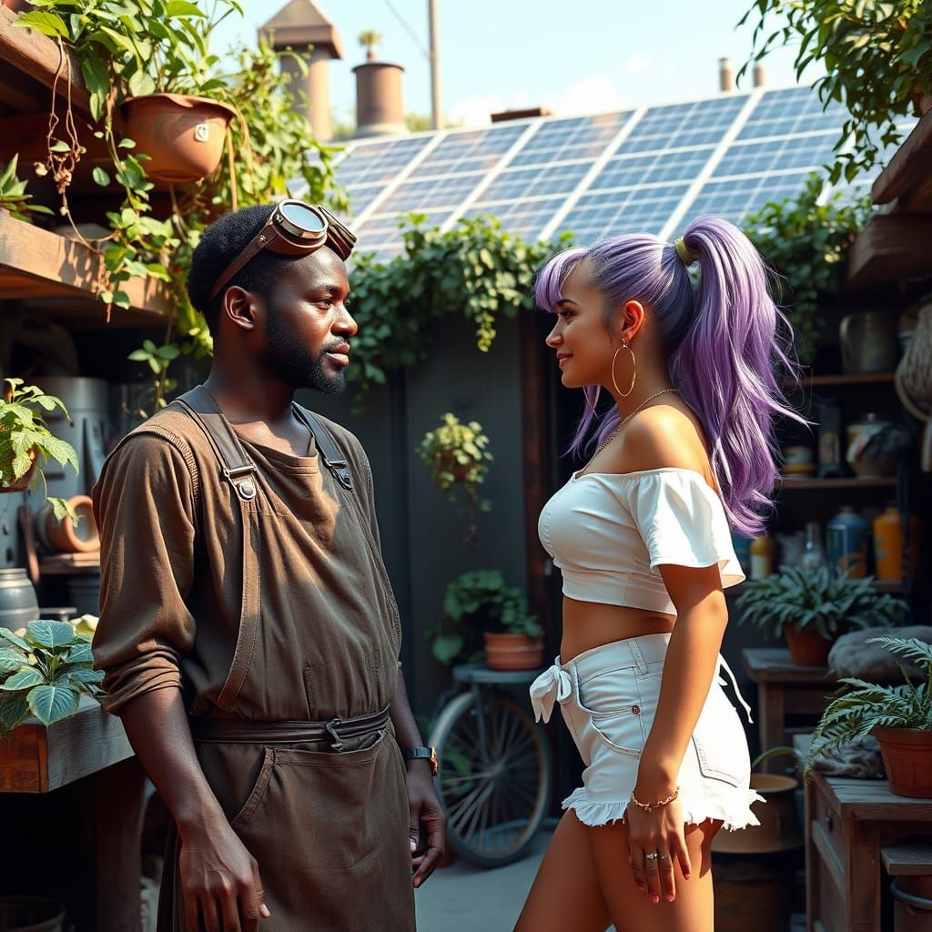 Dark-Skinned Craftsman in Futuristic Industrial Landscape