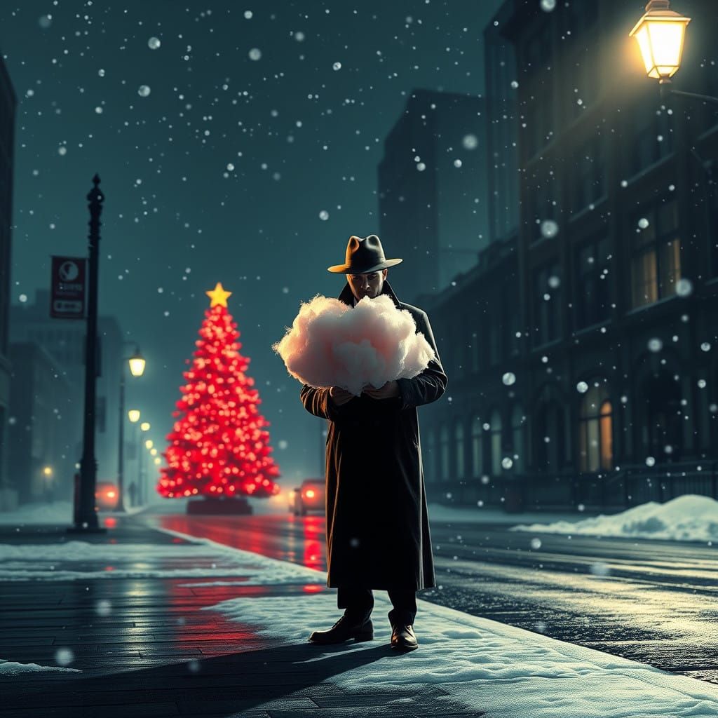 Dark Christmas Cityscape with Red Tree and Cotton Candy