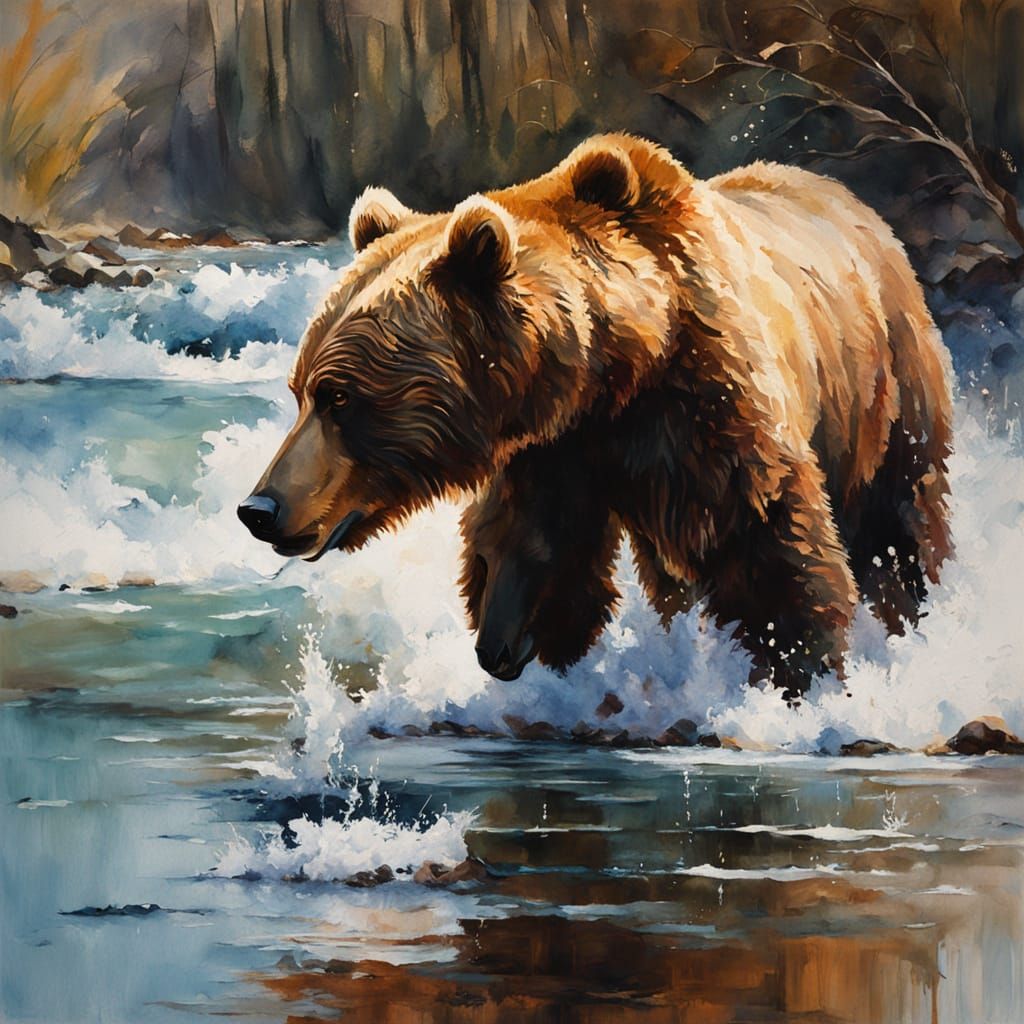 Serene River Landscape with Brown Bear