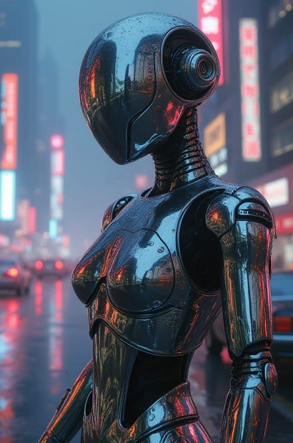 Shiny Chrome Robot in Neon Cyberpunk Cityscape