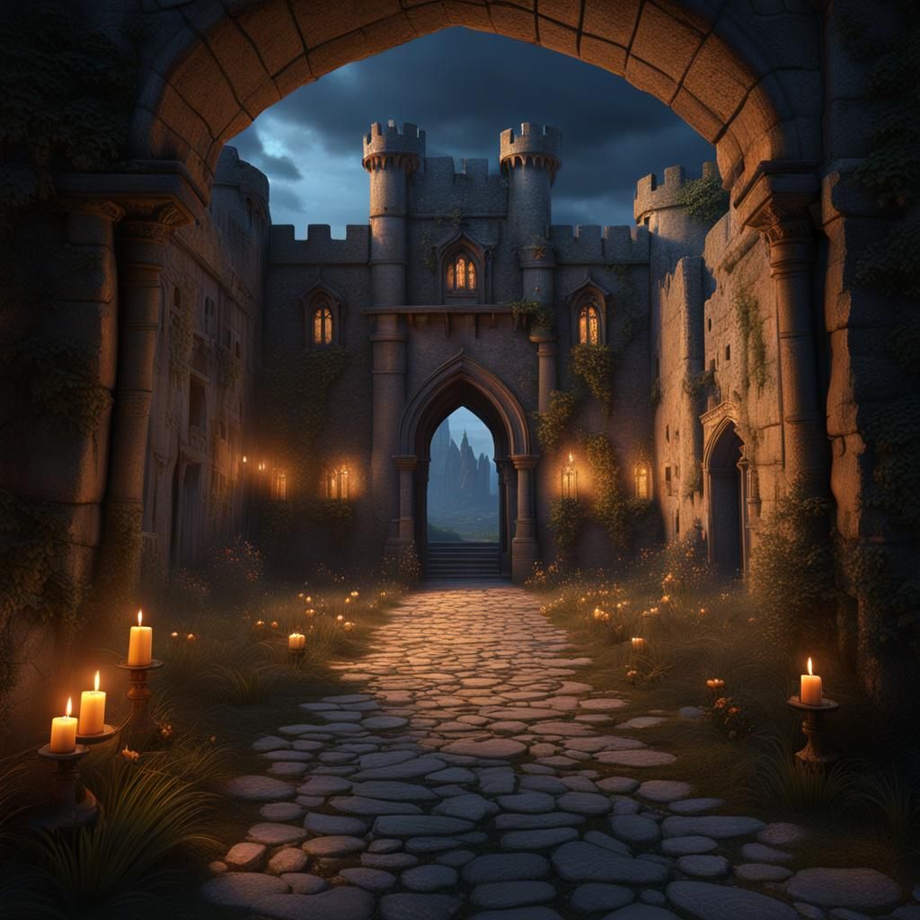 Fantasy Castle Corridor with Candlelight at Dusk