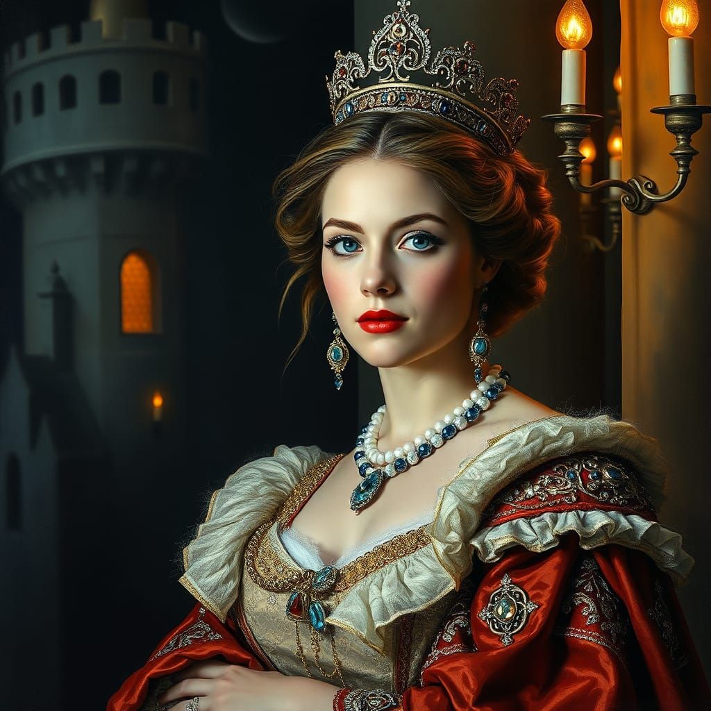 Queen's Portrait in Oil, Hyperrealistic Digital Art