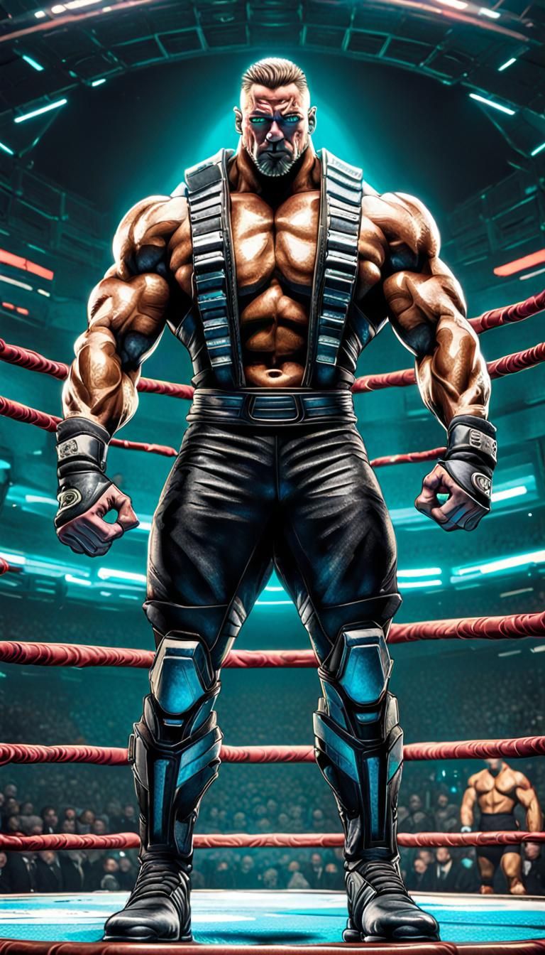 Cybernetic Wrestler in Galactic Arena: 90s Game Art