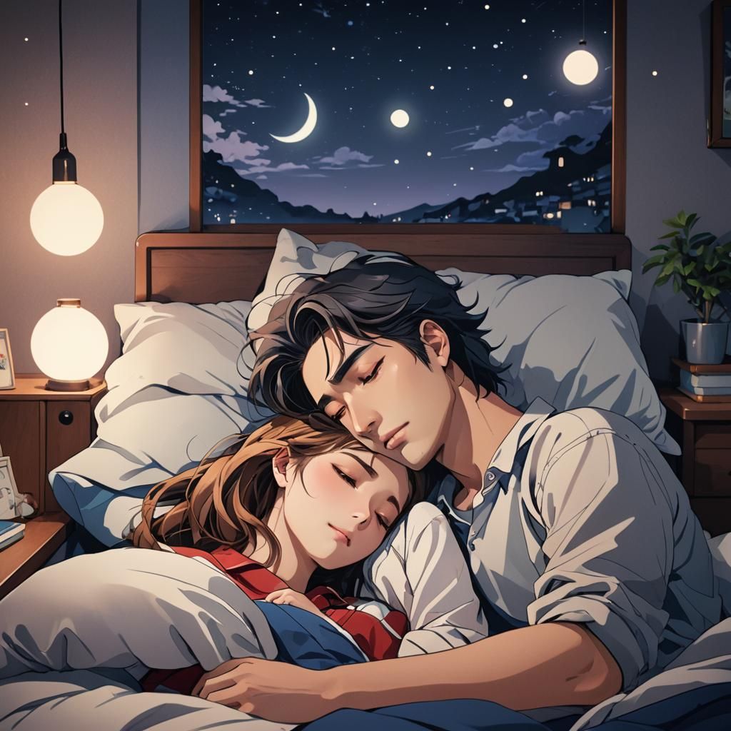 Attractive Manga-Style Couple Sleeping in Cozy Bedroom