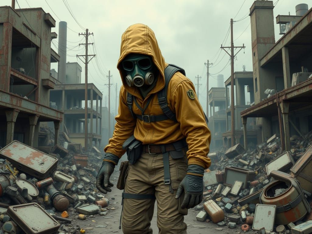 Post-Apocalyptic Scavenger in Ruined Town, Salvagecore Style