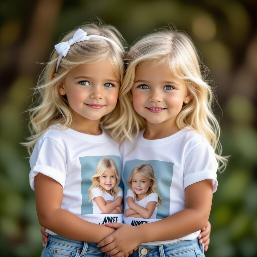 Twin Girls Hugging in Denim and White Sneakers