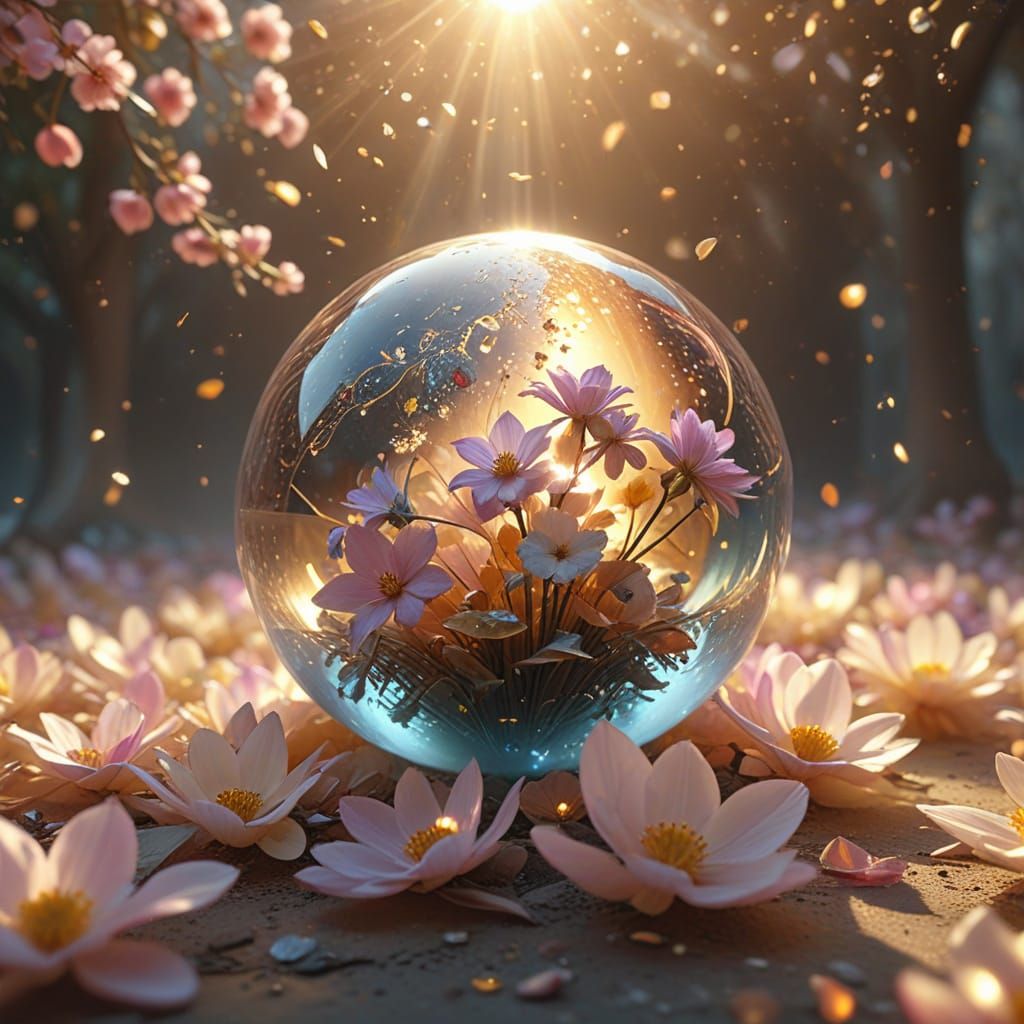 "A multi-faceted orb glows among fallen petals. Inside, a sp...