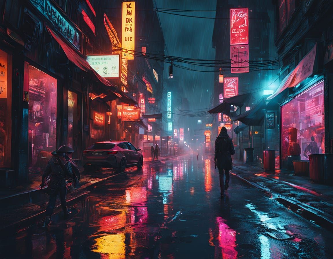 Cyberpunk 2099 Figure in Neon Noir Cityscape