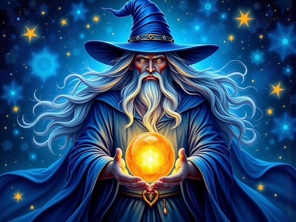 Mystical Wizard Holding Glowing Orb in Starry Night