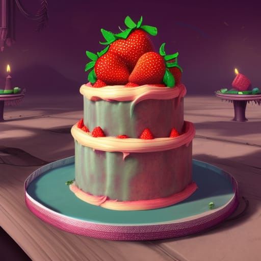 Strawberry Frosted Birthday Cake: Digital Art
