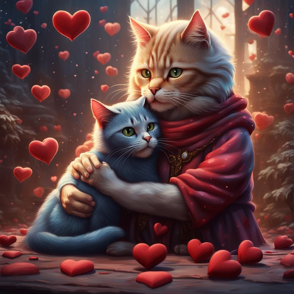 Cat's Heartfelt Embrace in a Detailed Matte Painting