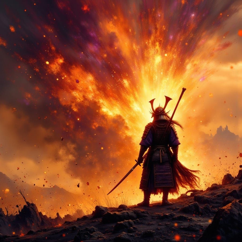 Samurai Warrior Against Volcanic Eruption