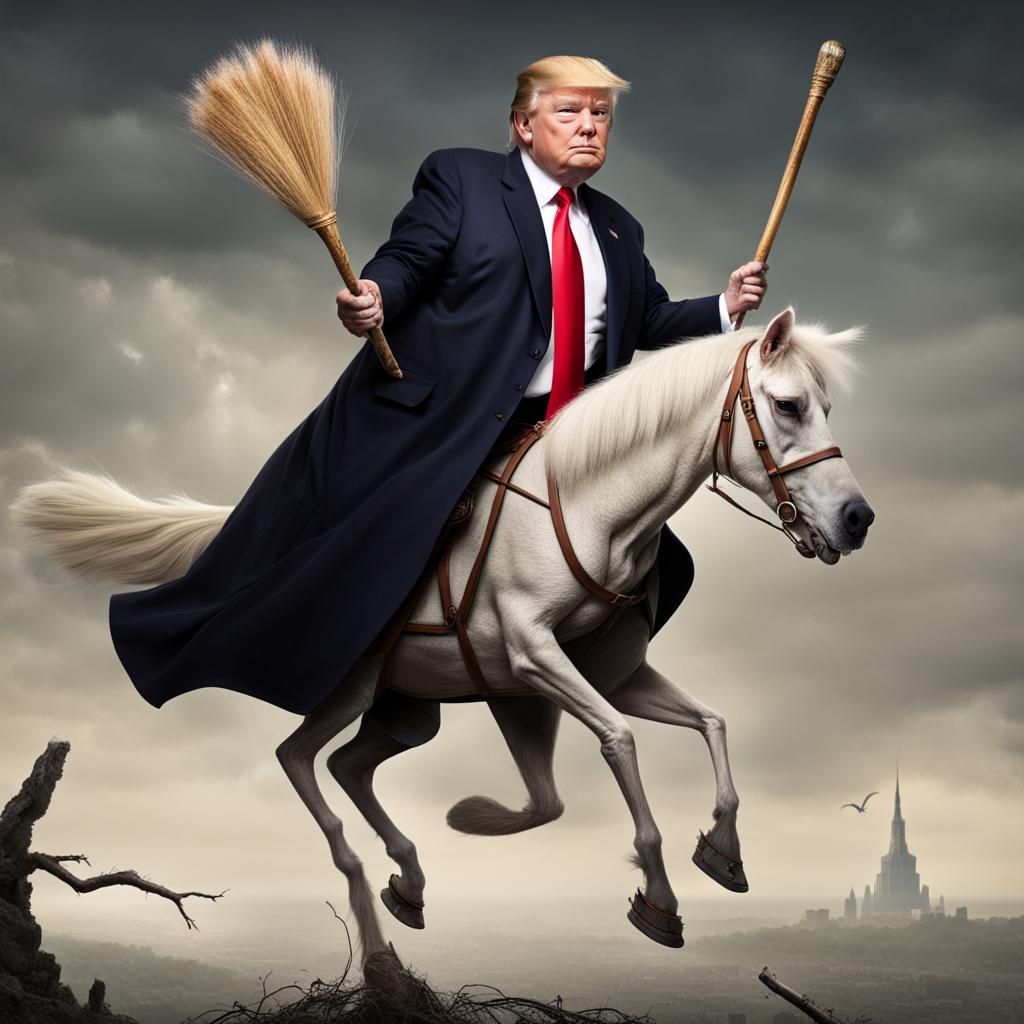 Donald Trump Riding on a Broom Stick.