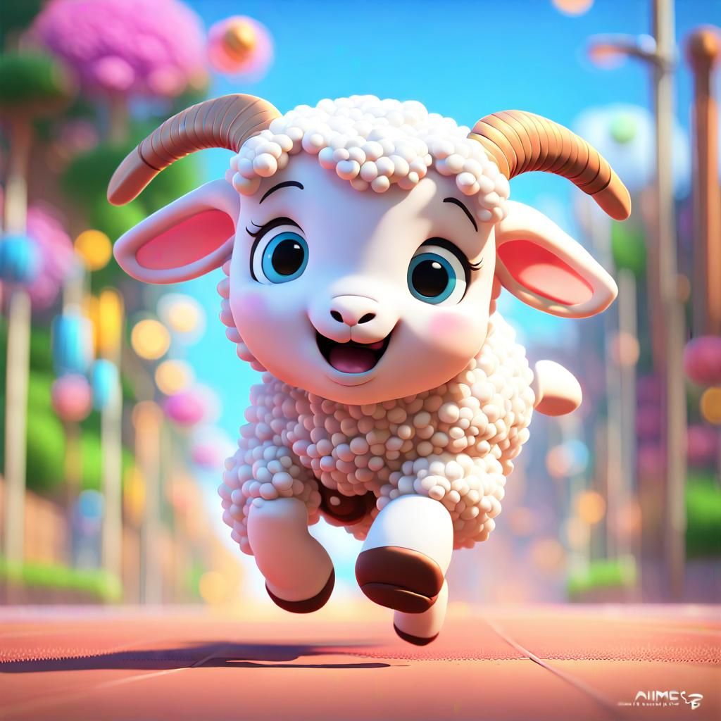 Cute Baby Lamb Running: Cartoon Pixar-style 3D Art