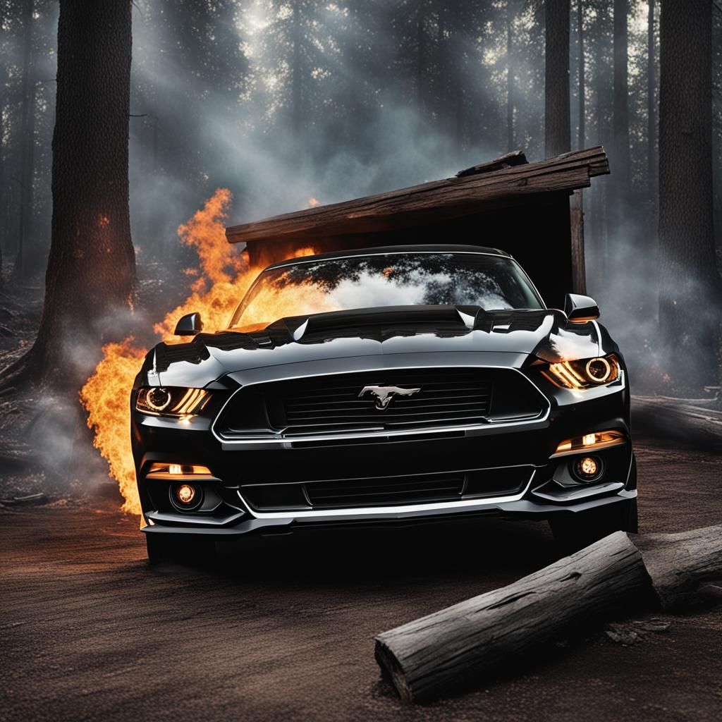 Ford Mustang Drives Through Fire Ring in Hyperrealism
