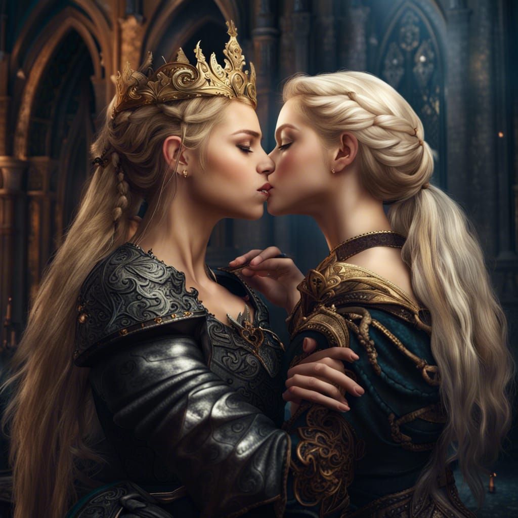 Elegant Medieval Fantasy Princesses Kissing: Detailed Concep...